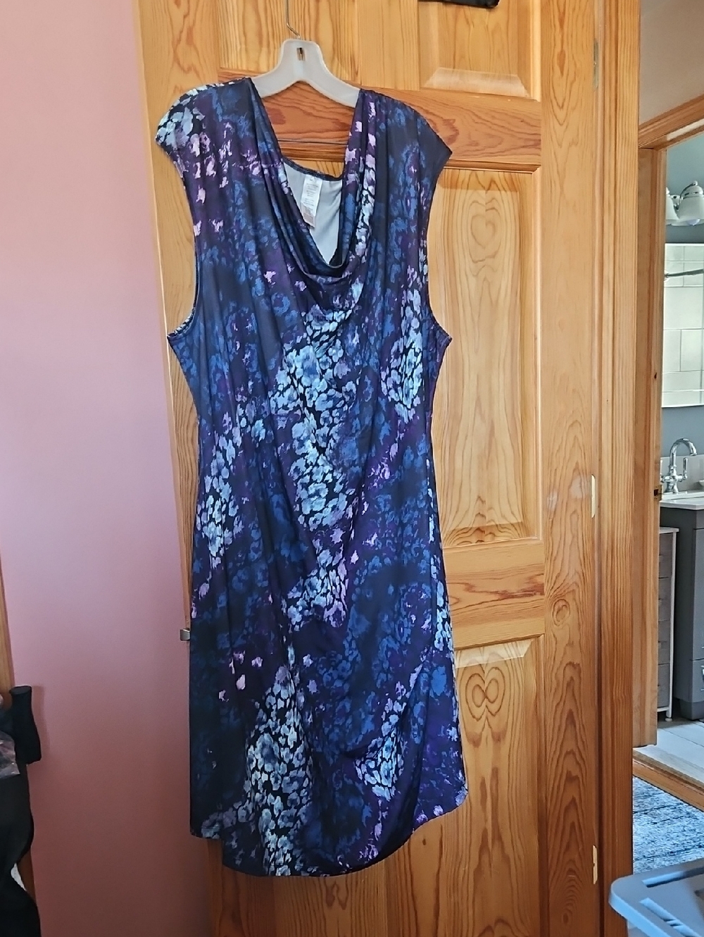 Sleeveless Cowl-Neck Floral Midi Dress in Navy and Purple